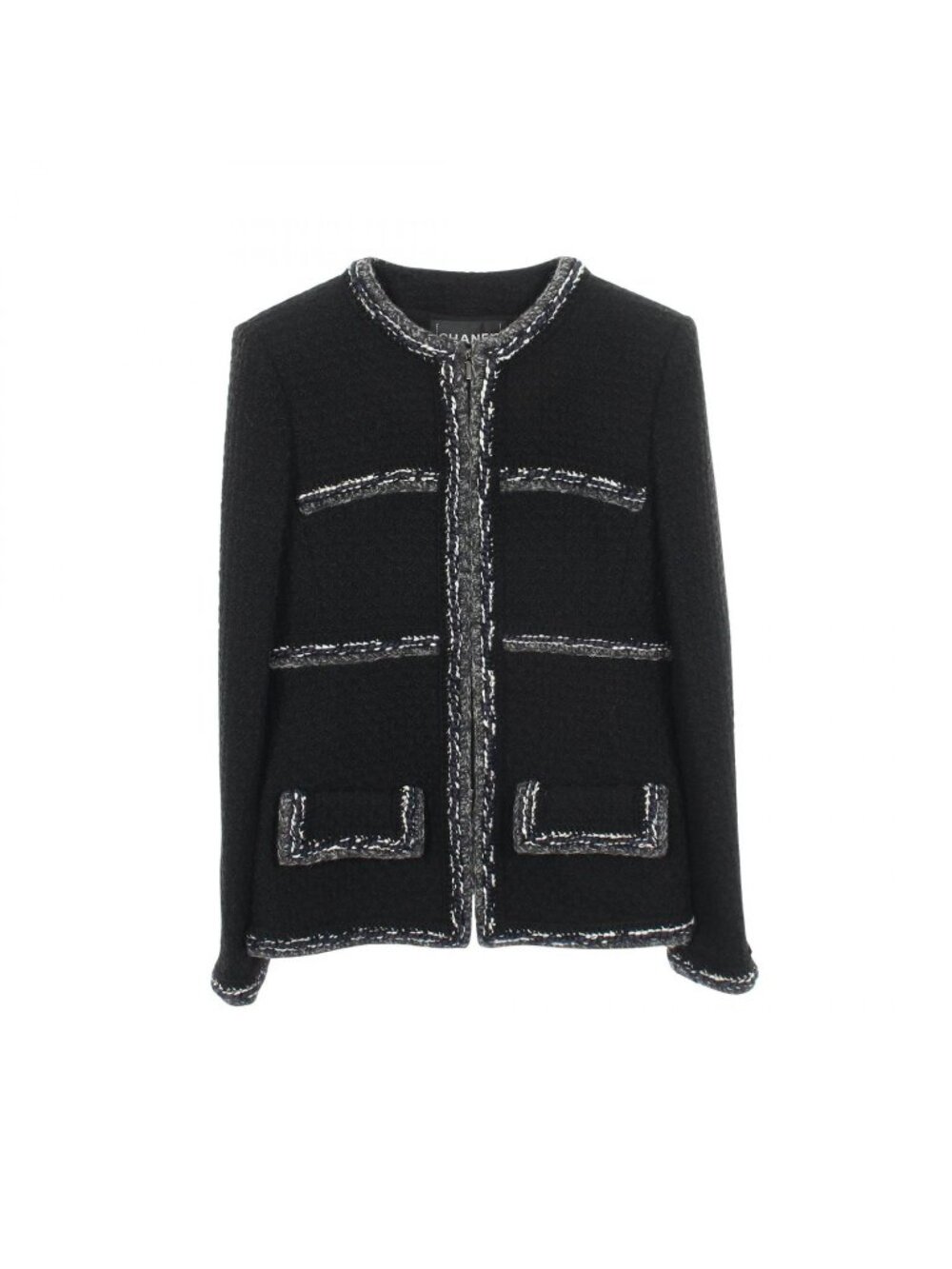 Chanel Collarless Jacket CC Logo Button Tweed Wool